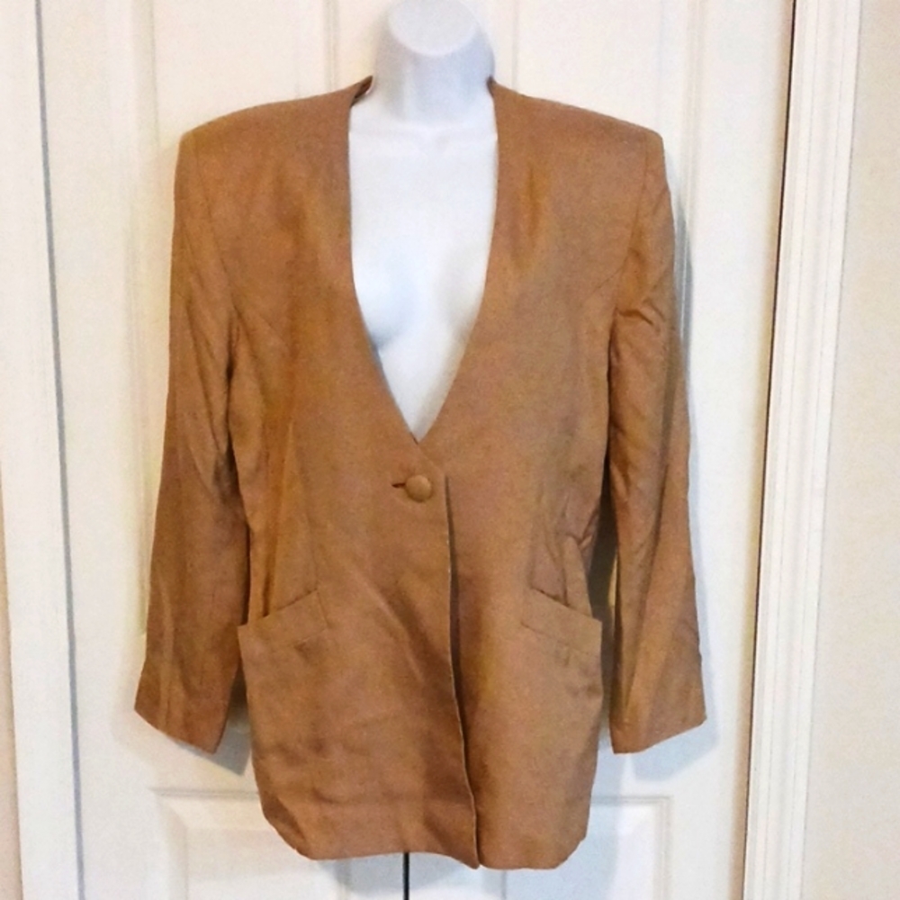 Women's Vintage Flora Kung 100% Silk Beige Blazer. SIZE 12.